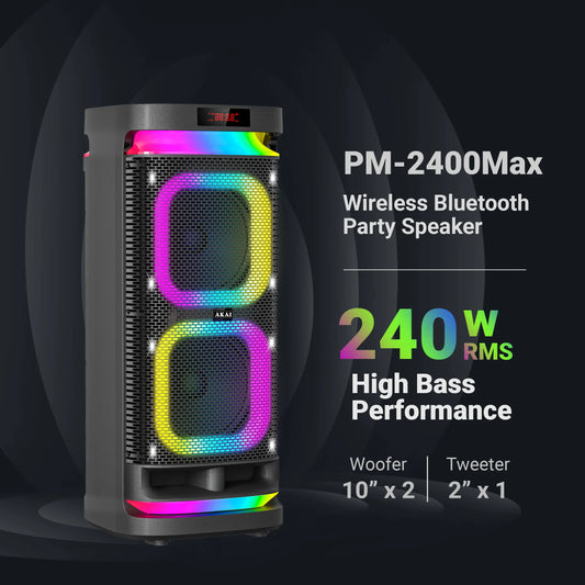 AKAI PM-2400Max Wireless Party Speaker |240W RMS | 10'' x 2 Woofer | Karaoke |Guitar Input | RGB LED Lights | Digital Display | TWS Function