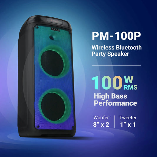AKAI PM-100P Bluetooth Party Speaker with Dual Wireless Mic |100W RMS | Dual 8'' Woofer | Karaoke | Fire LED Lights | Digital Display