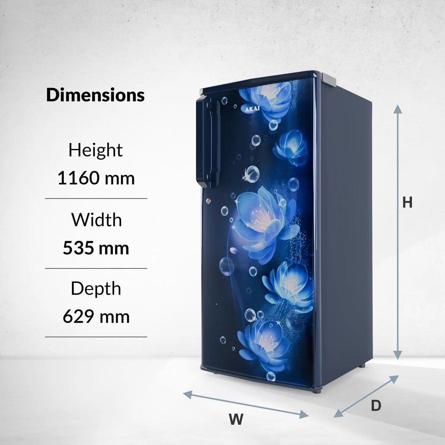 AKAI 190 (L) Direct Cool Single Door Refrigerator – Manual Defrost, Compact Home Fridge with LED Light, Crisper, R600a Gas, 1 Star-AKDD2102-PCFB| AKAI India