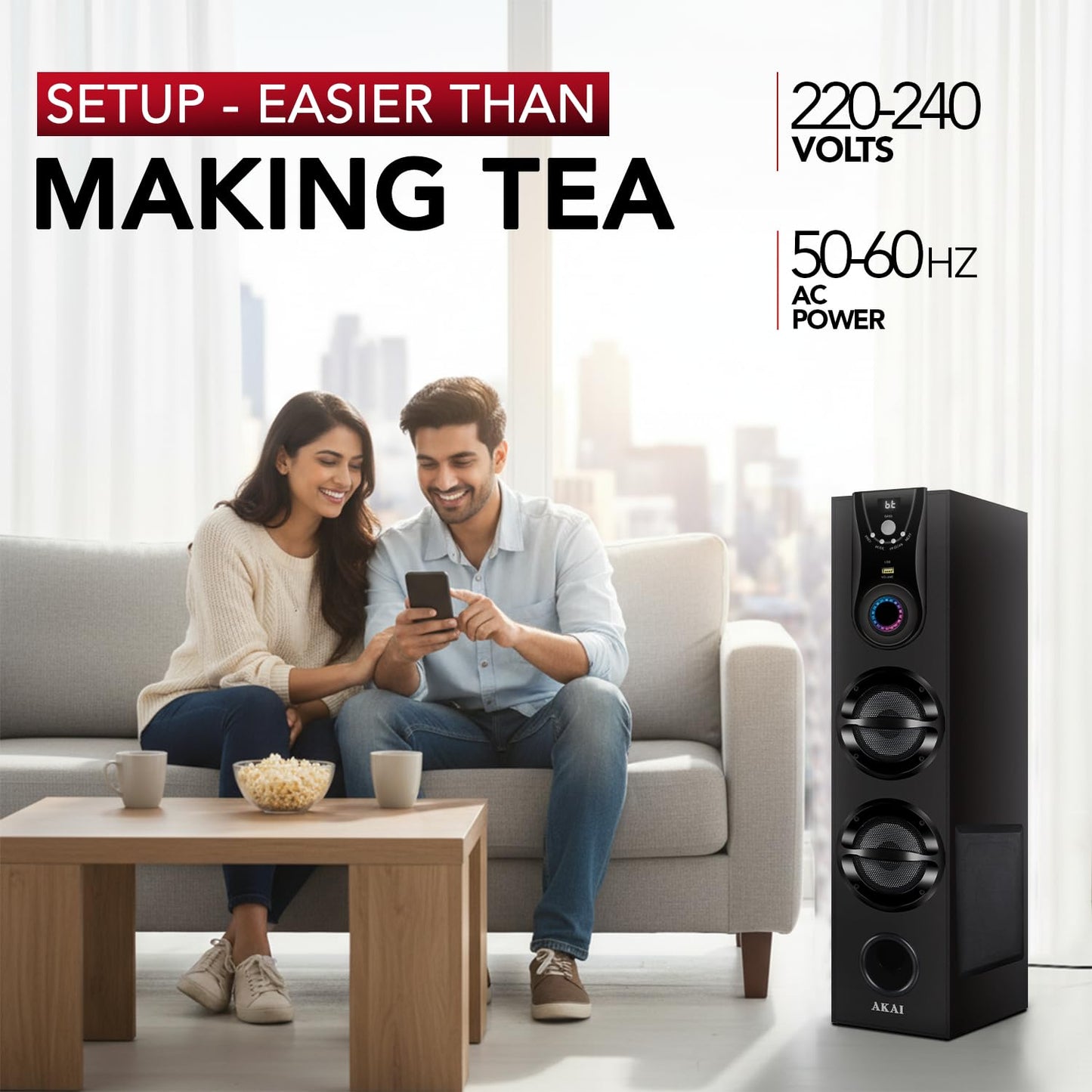 AKAI Tower Bluetooth Wireless Speaker 50W with Remote - 1 Year Warranty | Home Theater System 5.25" Woofer | Wired Mic, LED Display, Deep Bass, FM, AUX, USB | Supports TV, PC & Smartphone (HA-TS50)