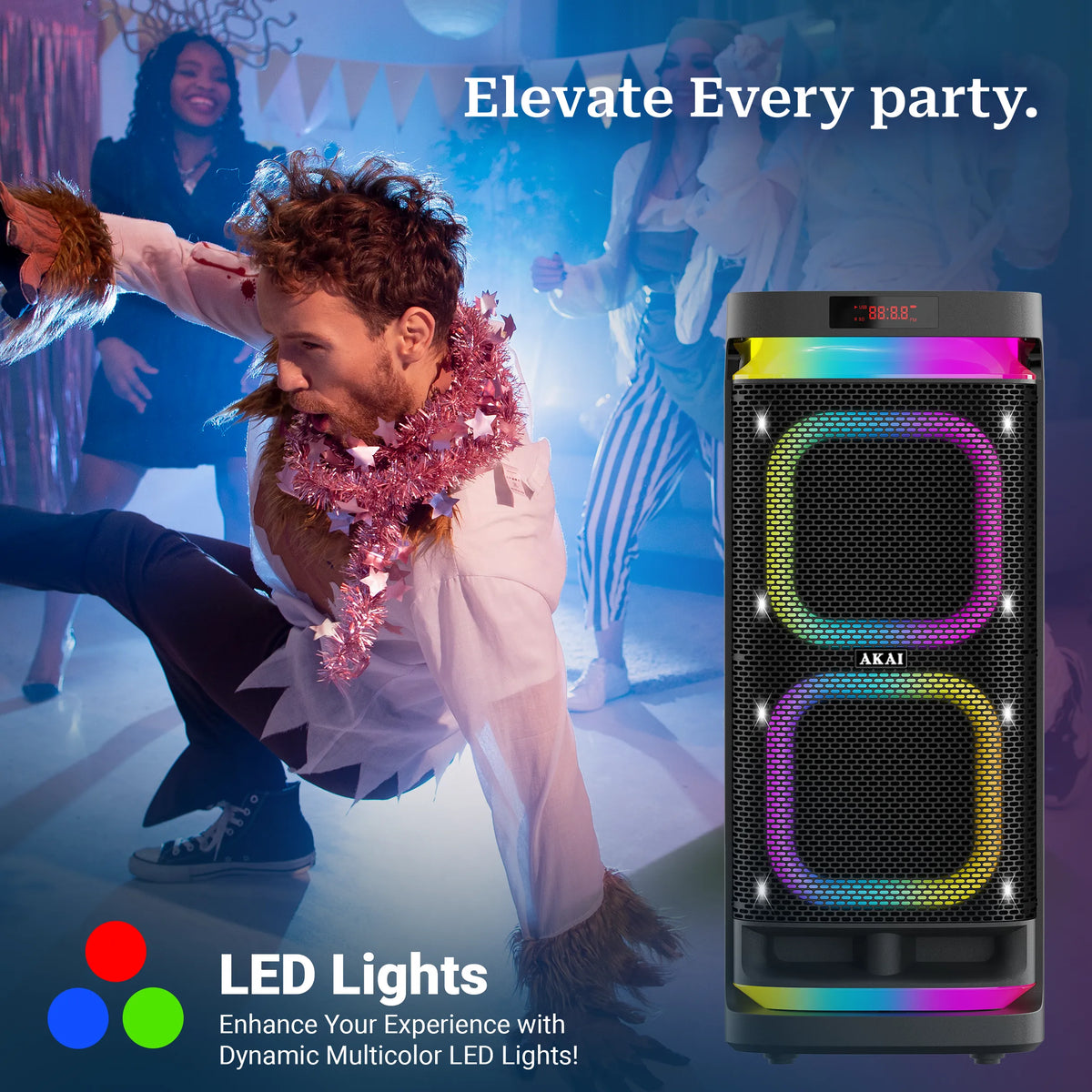 AKAI PM-2400Max Wireless Party Speaker |240W RMS | 10'' x 2 Woofer | Karaoke |Guitar Input | RGB LED Lights | Digital Display | TWS Function