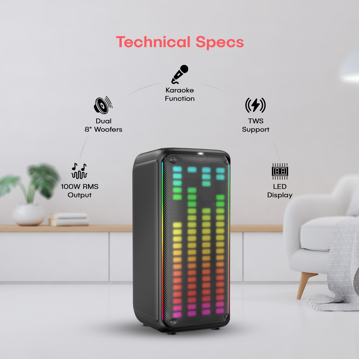 AKAI PM-1000 Ultra Party Speaker |100W RMS | 8'' x 2 Woofer | Karaoke |Wired Mic Socket | RGB LED Lights | Digital Display | TWS Function (AKPMPVI1000U)