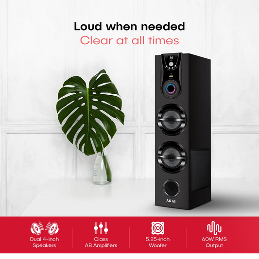 AKAI TWS-600Max Bluetooth Tower Speaker with Wired Mic |60W RMS | 5.25'' Woofer | Karaoke | FM |AKAI India