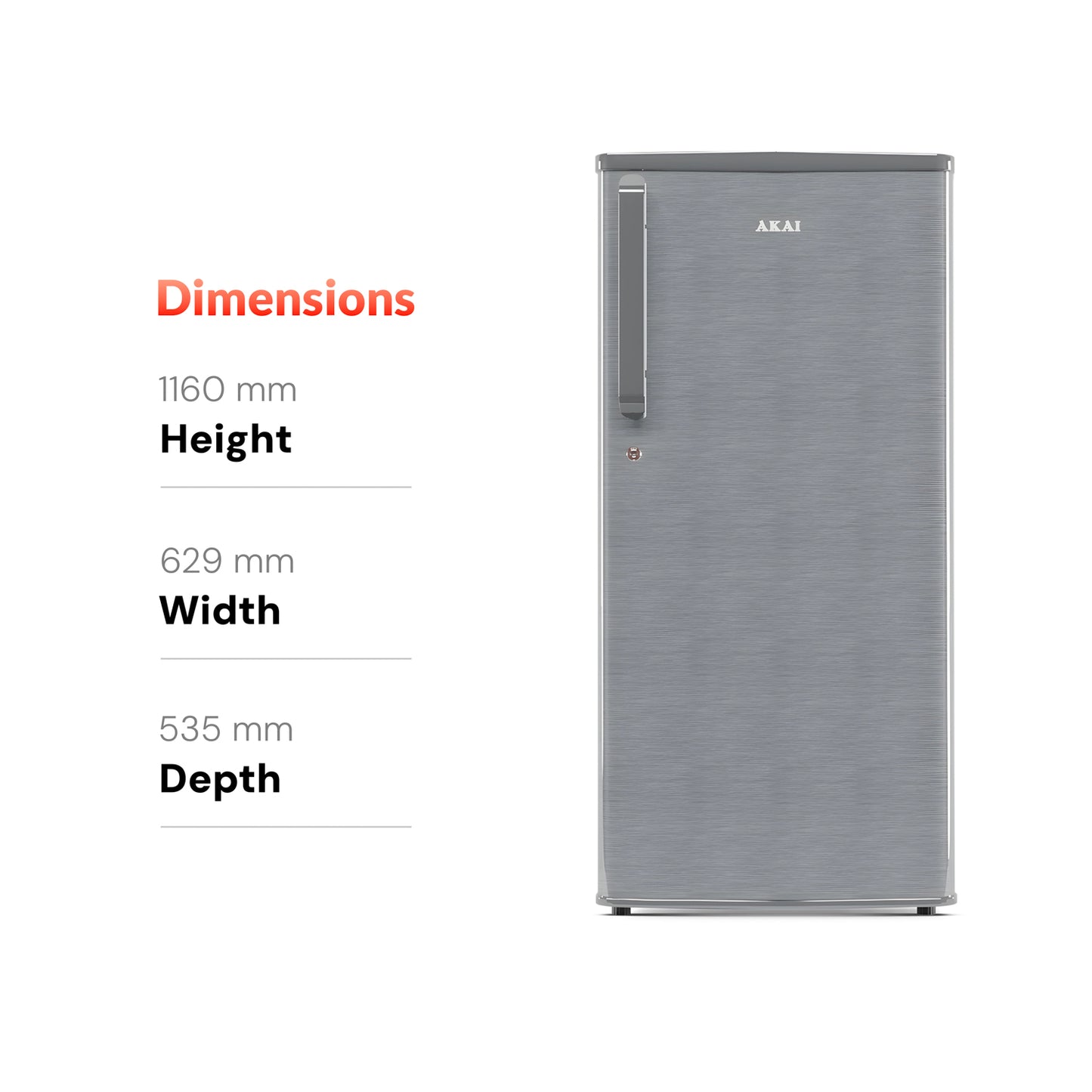 Akai 190L, 1 Star, Single Door Direct Cool Refrigerator (Hairline Grey Sliver) (AKDD2102-PHLG)