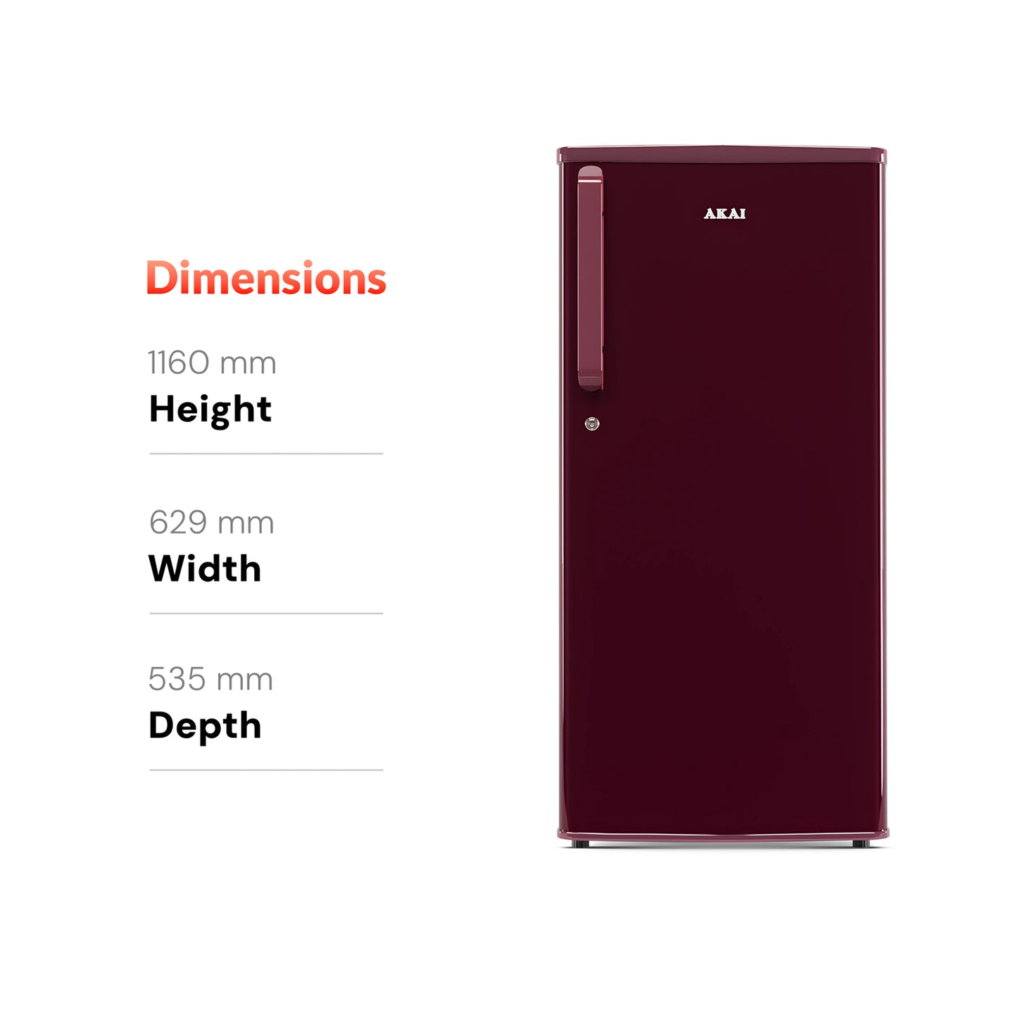 Akai 190L, 1 Star, Single Door Direct Cool Refrigerator (Solid Plain Wine) (AKDD2102-PSPW)