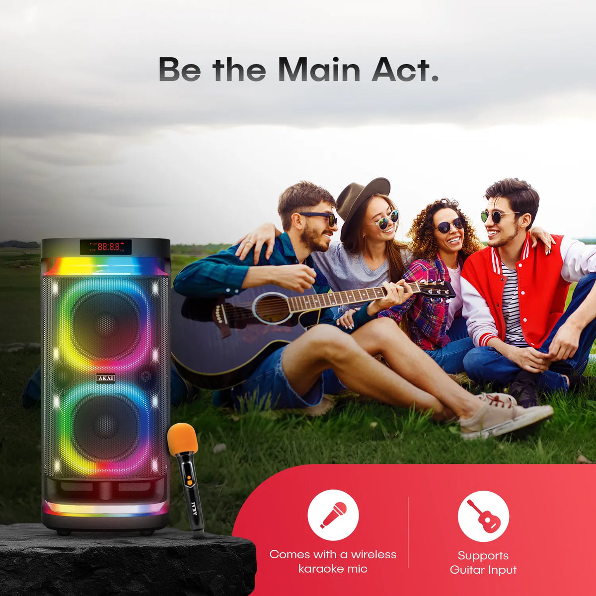 AKAI PM-1400Max Wireless Party Speaker |140W RMS | 8'' x 2 Woofer | Karaoke |Guitar Input | RGB LED Lights | Digital Display |TWS Function
