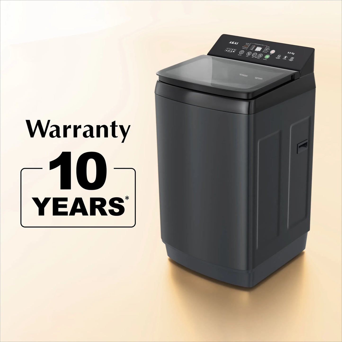 Akai 9Kg, 5 Star, Fully Automatic Top Load Washing Machine with In-Built Heater, Glass Lid, Mid Black, AFT-90DBG-H