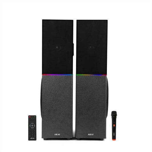 AKAI TS-120 Bluetooth Twin Tower Speaker with Wireless Mic |120W RMS | 8'' x 2 Woofer | Karaoke |RGB LED Lights | FM
