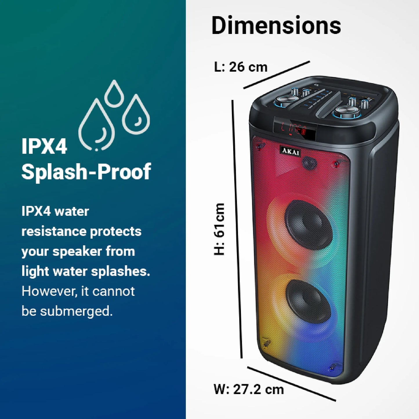 AKAI PM-100P Bluetooth Party Speaker with Dual Wireless Mic |100W RMS | Dual 8'' Woofer | Karaoke | Fire LED Lights | Digital Display