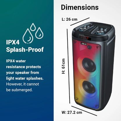 AKAI PM-100P Bluetooth Party Speaker with Dual Wireless Mic |100W RMS | Dual 8'' Woofer | Karaoke | Fire LED Lights | Digital Display