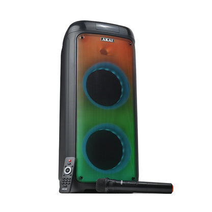 AKAI PM-100P Bluetooth Party Speaker with Dual Wireless Mic |100W RMS | Dual 8'' Woofer | Karaoke | Fire LED Lights | Digital Display
