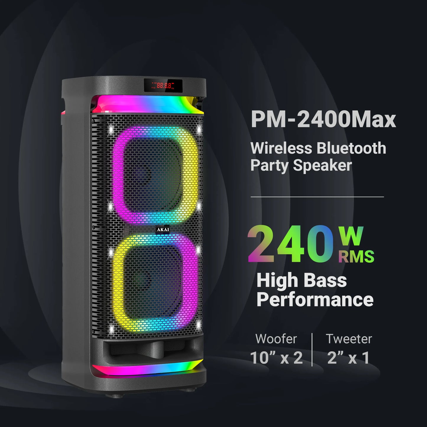 AKAI PM-2400Max Wireless Party Speaker |240W RMS | 10'' x 2 Woofer | Karaoke |Guitar Input | RGB LED Lights | Digital Display | TWS Function