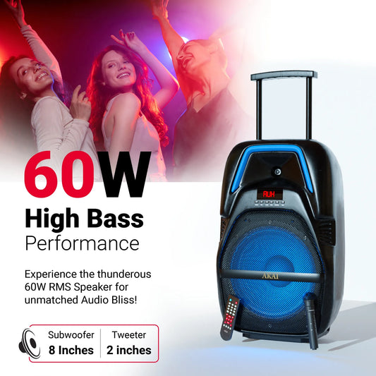 AKAI PartyMate Pro 60W RMS Portable Bluetooth Trolley Speaker with Remote - 1 Year Warranty, Inbuilt 4000 mAh Battery, Karaoke, Outdoor Speaker, Wireless Mic, USB, AUX, USB, 8" Driver (PM-60T) (AKPMTCT60C)