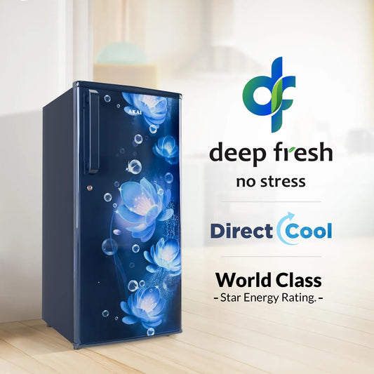 AKAI 190 (L) Direct Cool Single Door Refrigerator – Manual Defrost, Compact Home Fridge with LED Light, Crisper, R600a Gas, 1 Star-AKDD2102-PCFB| AKAI India