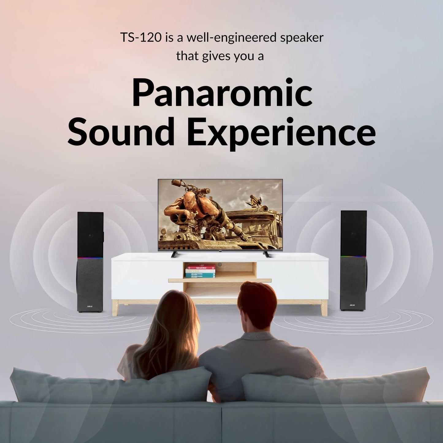 AKAI TS-120 Bluetooth Twin Tower Speaker with Wireless Mic |120W RMS | 8'' x 2 Woofer | Karaoke |RGB LED Lights | FM