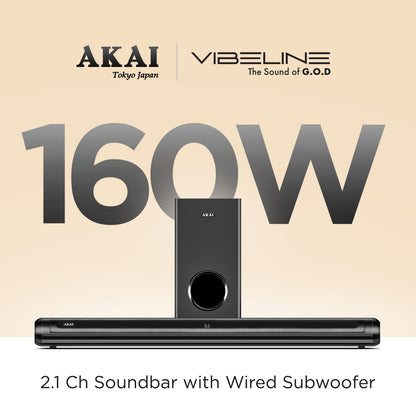 AKAI Soundbar Home Theatre 160W with Remote - 1 Year Warranty | 2.1 Channel Sound Bar with 6.5" Sub-Woofer | HDMI ARC, V5.3 Bluetooth, USB, Aux Input | Supports TV, PC & Smartphone (SB-160/SigmaX-160)