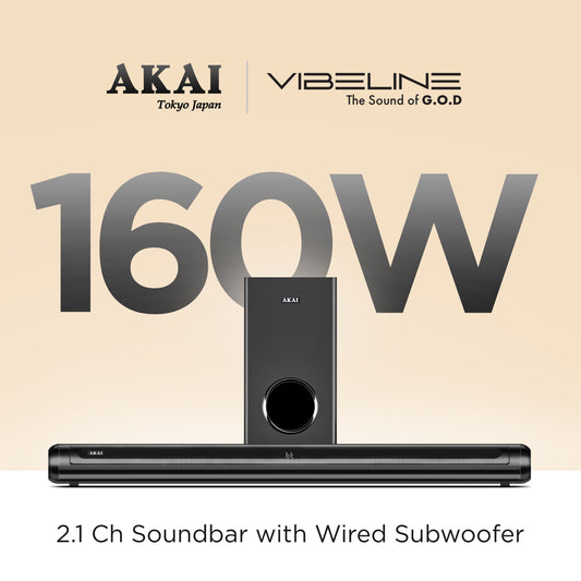 AKAI Soundbar Home Theatre 160W with Remote - 1 Year Warranty | 2.1 Channel Sound Bar with 6.5" Sub-Woofer | HDMI ARC, V5.3 Bluetooth, USB, Aux Input | Supports TV, PC & Smartphone (SB-160/SigmaX-160)