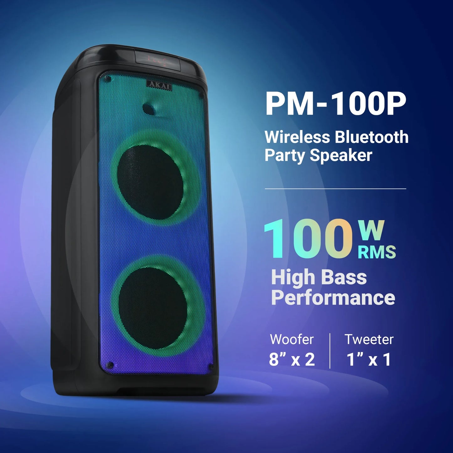 AKAI PM-100P Bluetooth Party Speaker with Dual Wireless Mic |100W RMS | Dual 8'' Woofer | Karaoke | Fire LED Lights | Digital Display