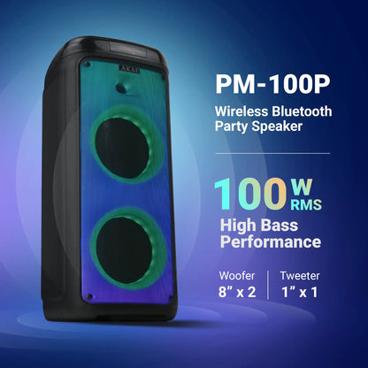 AKAI PM-100P Bluetooth Party Speaker with Dual Wireless Mic |100W RMS | Dual 8'' Woofer | Karaoke | Fire LED Lights | Digital Display