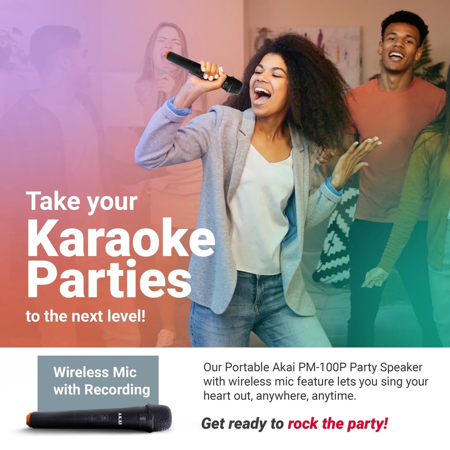 AKAI PM-100P Bluetooth Party Speaker with Dual Wireless Mic |100W RMS | Dual 8'' Woofer | Karaoke | Fire LED Lights | Digital Display