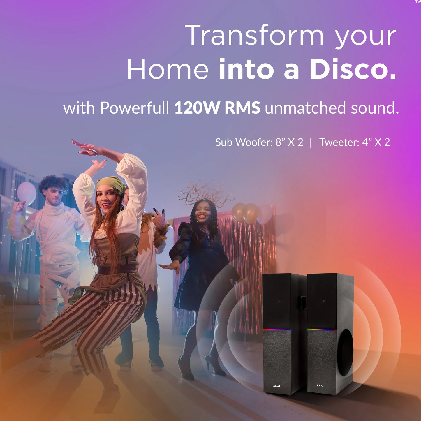AKAI TS-120 Bluetooth Twin Tower Speaker with Wireless Mic |120W RMS | 8'' x 2 Woofer | Karaoke |RGB LED Lights | FM