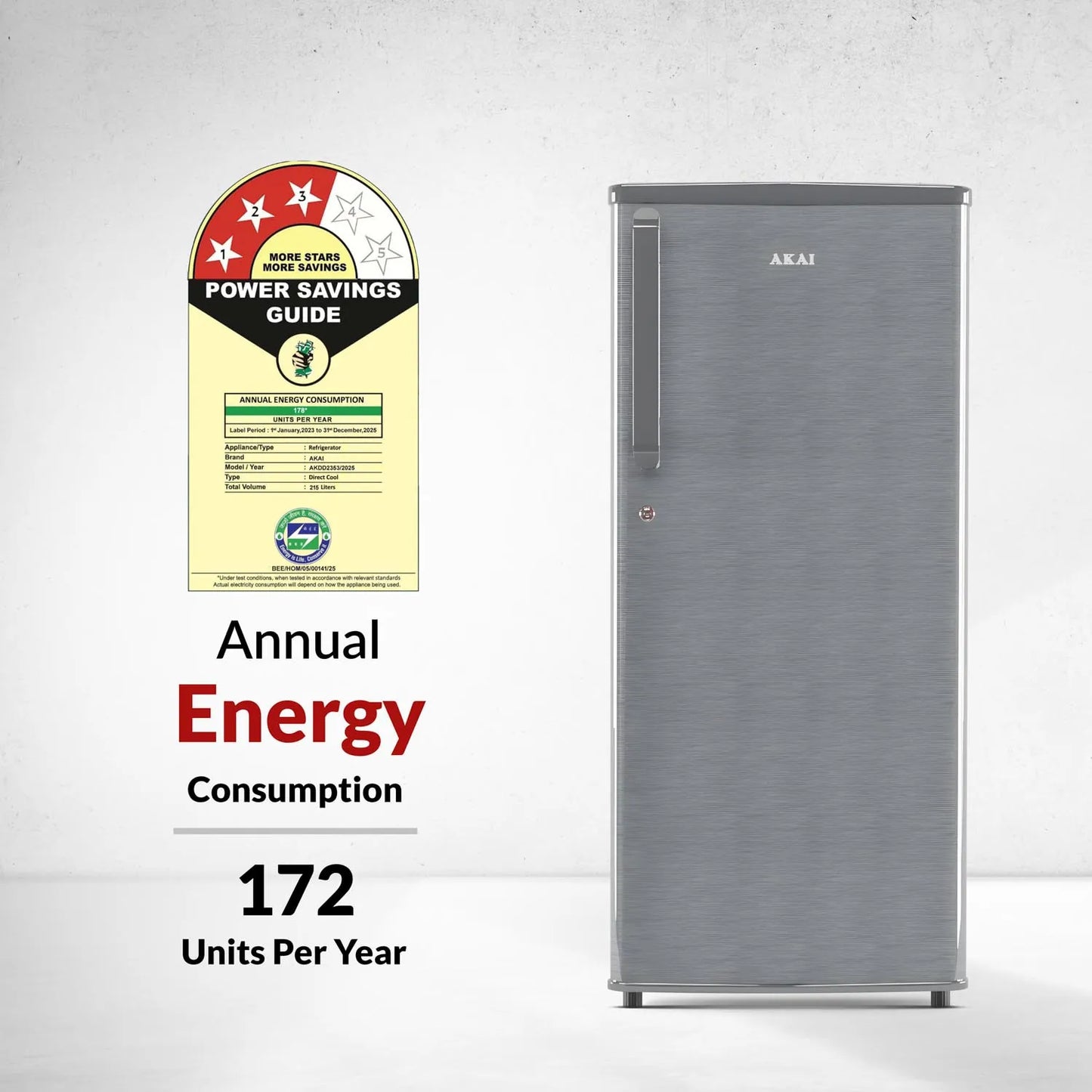 AKAI 215L Single Door Refrigerator – Direct Cool, Wide Voltage, Manual+Push Defrost, Soft Crisper, LED Light, Home Fridge, 3 Star AKDD2353-PHLG
