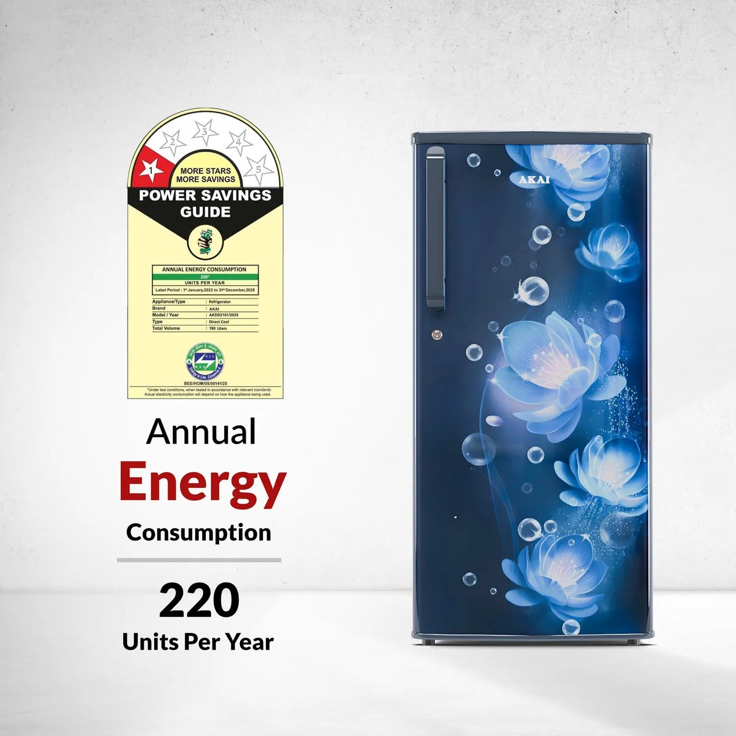 AKAI 190 (L) Direct Cool Single Door Refrigerator – Manual Defrost, Compact Home Fridge with LED Light, Crisper, R600a Gas, 1 Star-AKDD2102-PCFB| AKAI India