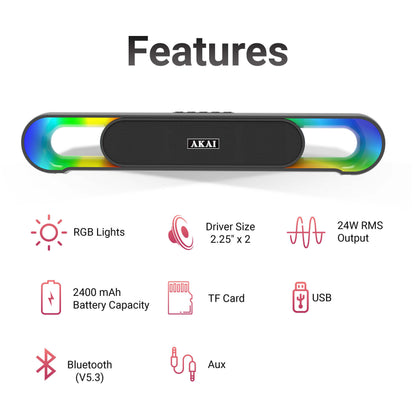 AKAI SB-24 Bluetooth Soundbar 24W RMS | Dual 2.25 Inch Drivers | RGB LED Lights | Bluetooth V5.3 | TWS, USB, Aux, TF Card Support | 2400 mAh Battery | Type-C Charging | Up to 5 Hours Playtime