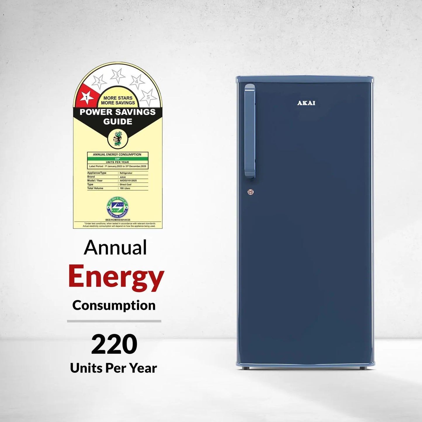 AKAI 190 (L) Direct Cool Single Door Refrigerator – Manual Defrost, Compact Home Fridge with LED Light, Crisper, R600a Gas, 1 Star-AKDD2102-PSPB| AKAI India