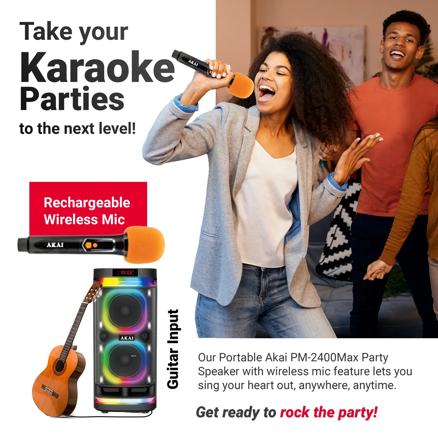 AKAI PM-2400Max Wireless Party Speaker |240W RMS | 10'' x 2 Woofer | Karaoke |Guitar Input | RGB LED Lights | Digital Display | TWS Function