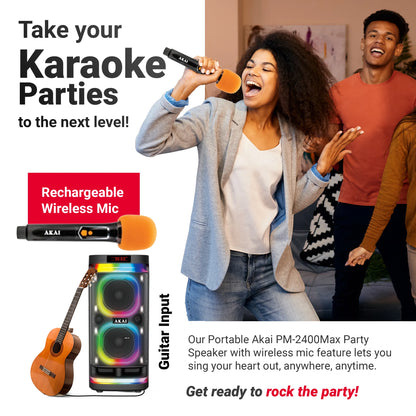 AKAI PM-2400Max Wireless Party Speaker |240W RMS | 10'' x 2 Woofer | Karaoke |Guitar Input | RGB LED Lights | Digital Display | TWS Function