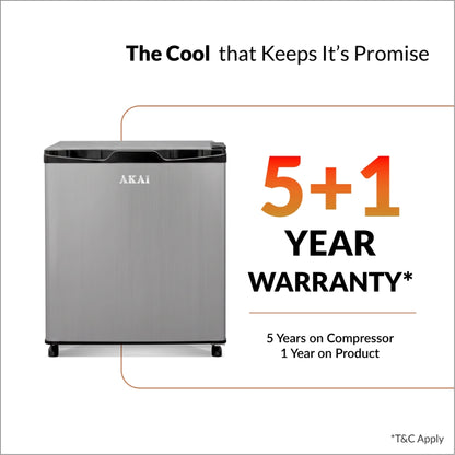 Akai 48L, 1 Star, Single Door Direct Cool Refrigerator (Hairline Grey Sliver) (AKDE501-NHLS)