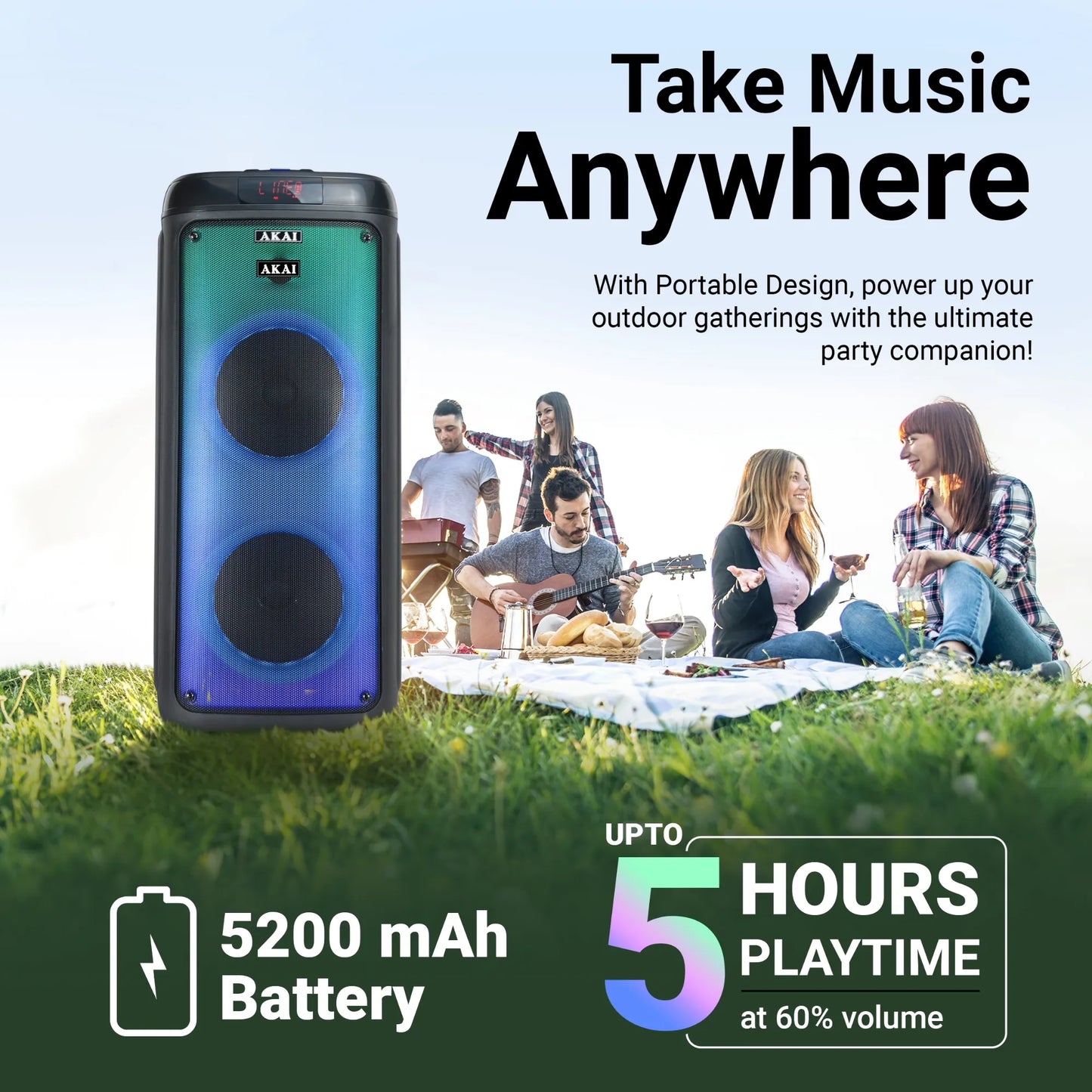 AKAI PM-100P Bluetooth Party Speaker with Dual Wireless Mic |100W RMS | Dual 8'' Woofer | Karaoke | Fire LED Lights | Digital Display