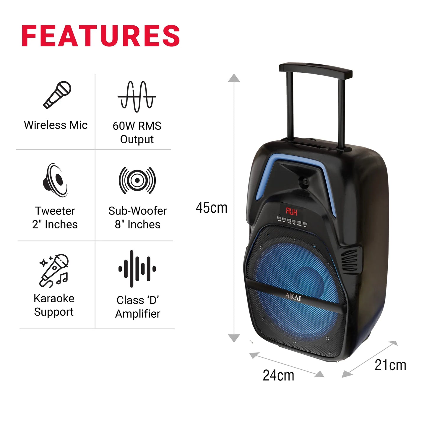 AKAI PartyMate Pro 60W RMS Portable Bluetooth Trolley Speaker with Remote - 1 Year Warranty, Inbuilt 4000 mAh Battery, Karaoke, Outdoor Speaker, Wireless Mic, USB, AUX, USB, 8" Driver (PM-60T) (AKPMTCT60C)