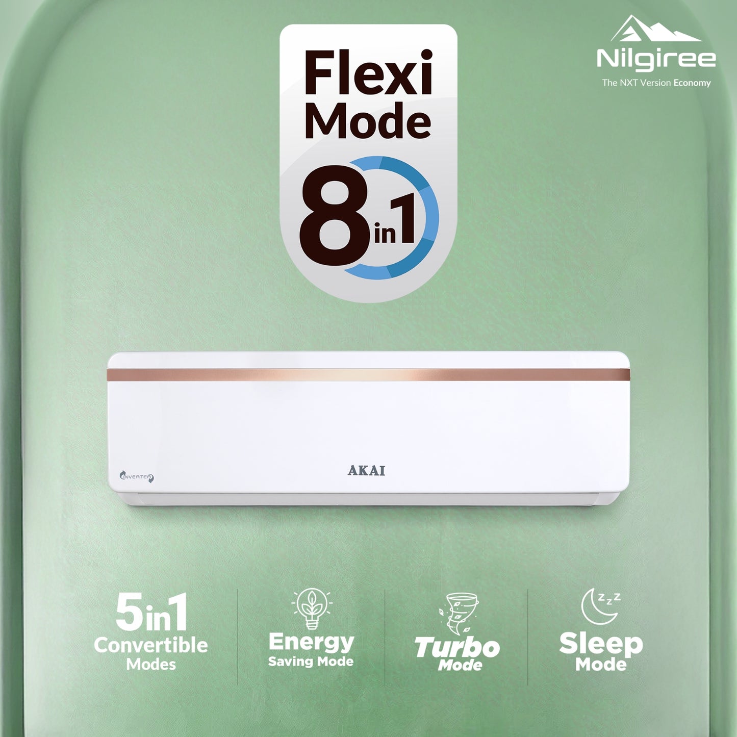 Akai Nilgiree 1 Ton 3-Star Inverter AC, Flexi Mode 8-in-1 (Frost Self-Clean, Cools at 55°C degrees, 100% Copper, AKSI-183E1PQE, 2026 Model)