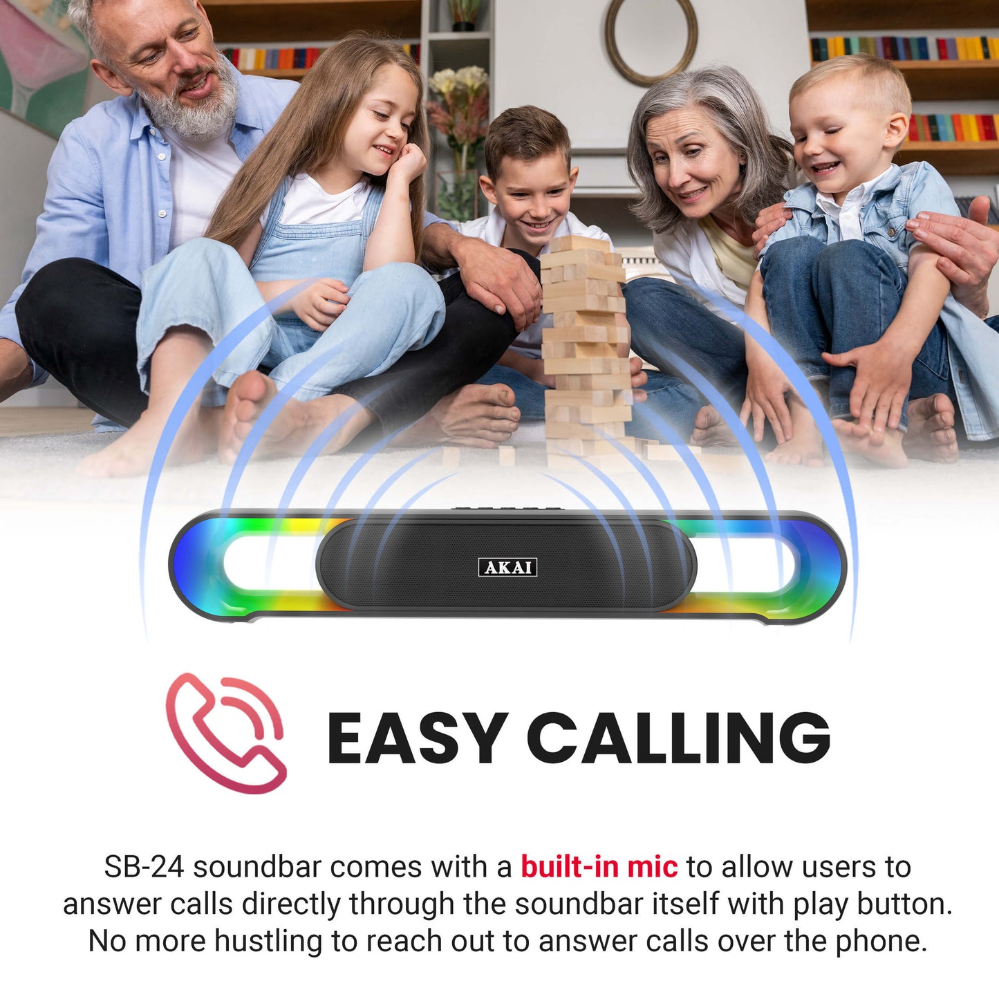 AKAI SB-24 Bluetooth Soundbar 24W RMS | Dual 2.25 Inch Drivers | RGB LED Lights | Bluetooth V5.3 | TWS, USB, Aux, TF Card Support | 2400 mAh Battery | Type-C Charging | Up to 5 Hours Playtime