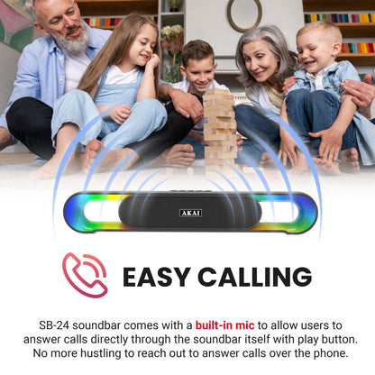 AKAI SB-24 Bluetooth Soundbar 24W RMS | Dual 2.25 Inch Drivers | RGB LED Lights | Bluetooth V5.3 | TWS, USB, Aux, TF Card Support | 2400 mAh Battery | Type-C Charging | Up to 5 Hours Playtime
