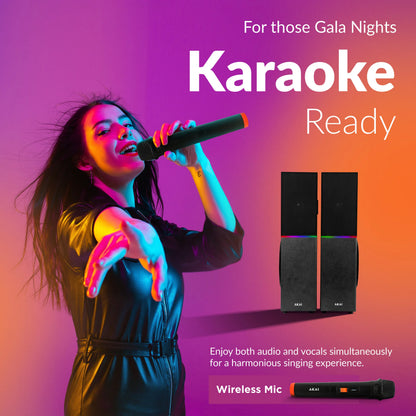 AKAI TS-120 Bluetooth Twin Tower Speaker with Wireless Mic |120W RMS | 8'' x 2 Woofer | Karaoke |RGB LED Lights | FM