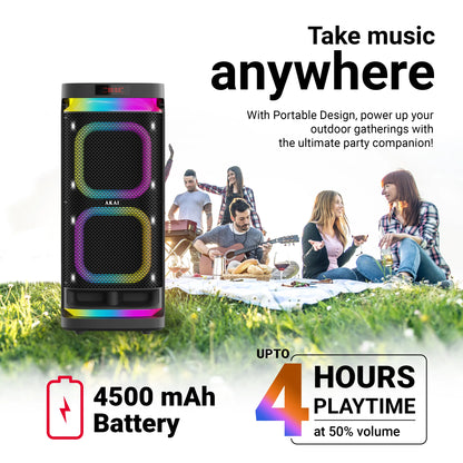AKAI PM-2400Max Wireless Party Speaker |240W RMS | 10'' x 2 Woofer | Karaoke |Guitar Input | RGB LED Lights | Digital Display | TWS Function