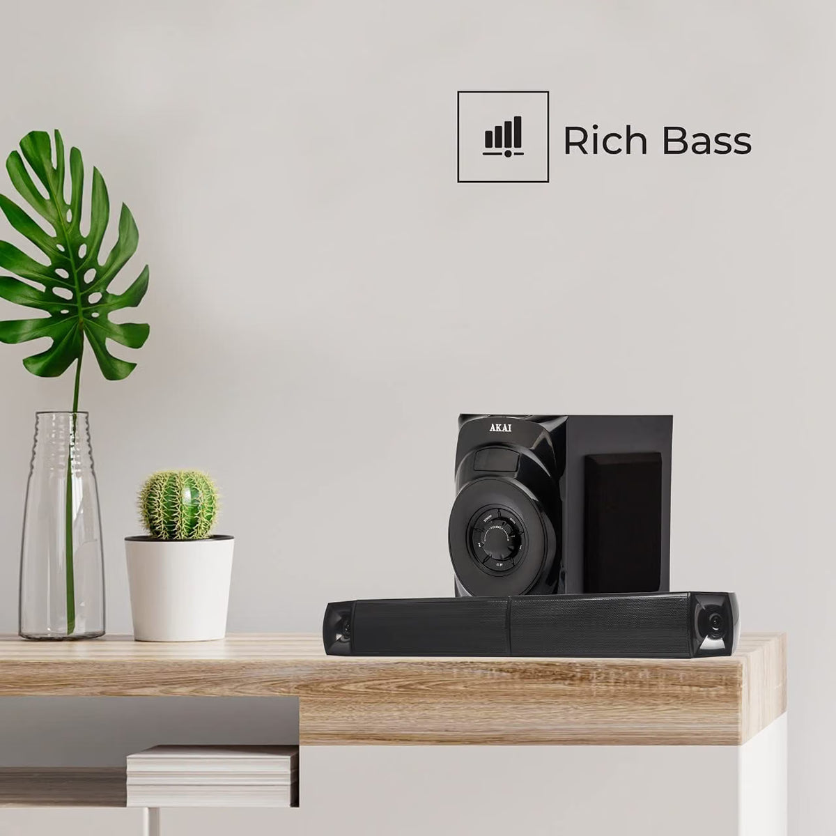 AKAI Home Audio HA-SS65 Multimedia Speaker Output 65W RMS Home Theatre Convertible to Soundbar 6.5" Subwoofer 3" Quad Midi Drivers,Bluetooth 5.0, USB, AUX, FM & Remote Control(Black) (HA-SS65)