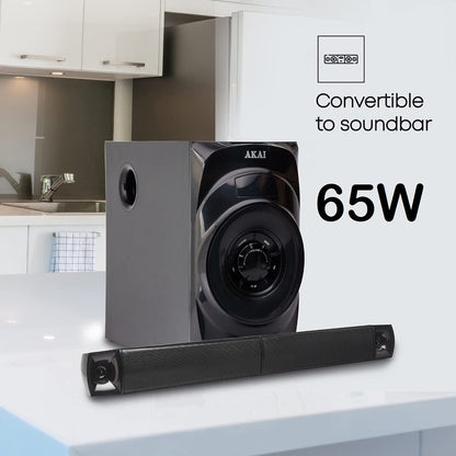 AKAI Home Audio HA-SS65 Multimedia Speaker Output 65W RMS Home Theatre Convertible to Soundbar 6.5" Subwoofer 3" Quad Midi Drivers,Bluetooth 5.0, USB, AUX, FM & Remote Control(Black) (HA-SS65)