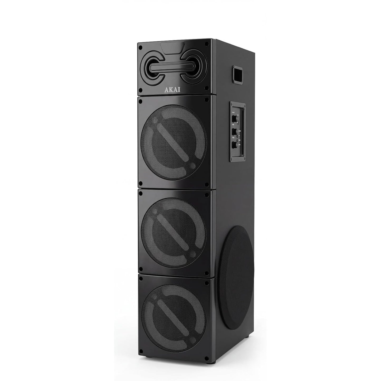 AKAI TWS-800 Max Tower Speaker with Wired Mic | 80W RMS Powerful Sound | Dual 4 Inch Speakers + 8 Inch Woofer | Bluetooth, USB, AUX, FM | Multicolor LED Lights | Karaoke & Bass Control Digital Display