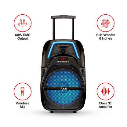 AKAI PartyMate Pro 60W RMS Portable Bluetooth Trolley Speaker