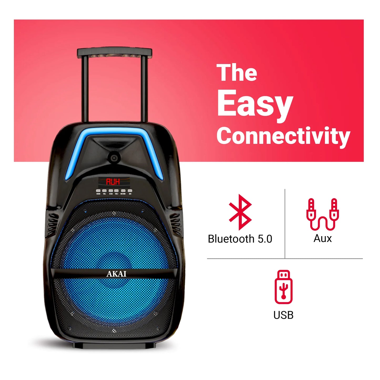 AKAI PartyMate Pro 60W RMS Portable Bluetooth Trolley Speaker with Remote - 1 Year Warranty, Inbuilt 4000 mAh Battery, Karaoke, Outdoor Speaker, Wireless Mic, USB, AUX, USB, 8" Driver (PM-60T) (AKPMTCT60C)