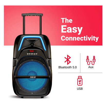 AKAI PartyMate Pro 60W RMS Portable Bluetooth Trolley Speaker with Remote - 1 Year Warranty, Inbuilt 4000 mAh Battery, Karaoke, Outdoor Speaker, Wireless Mic, USB, AUX, USB, 8" Driver (PM-60T) (AKPMTCT60C)