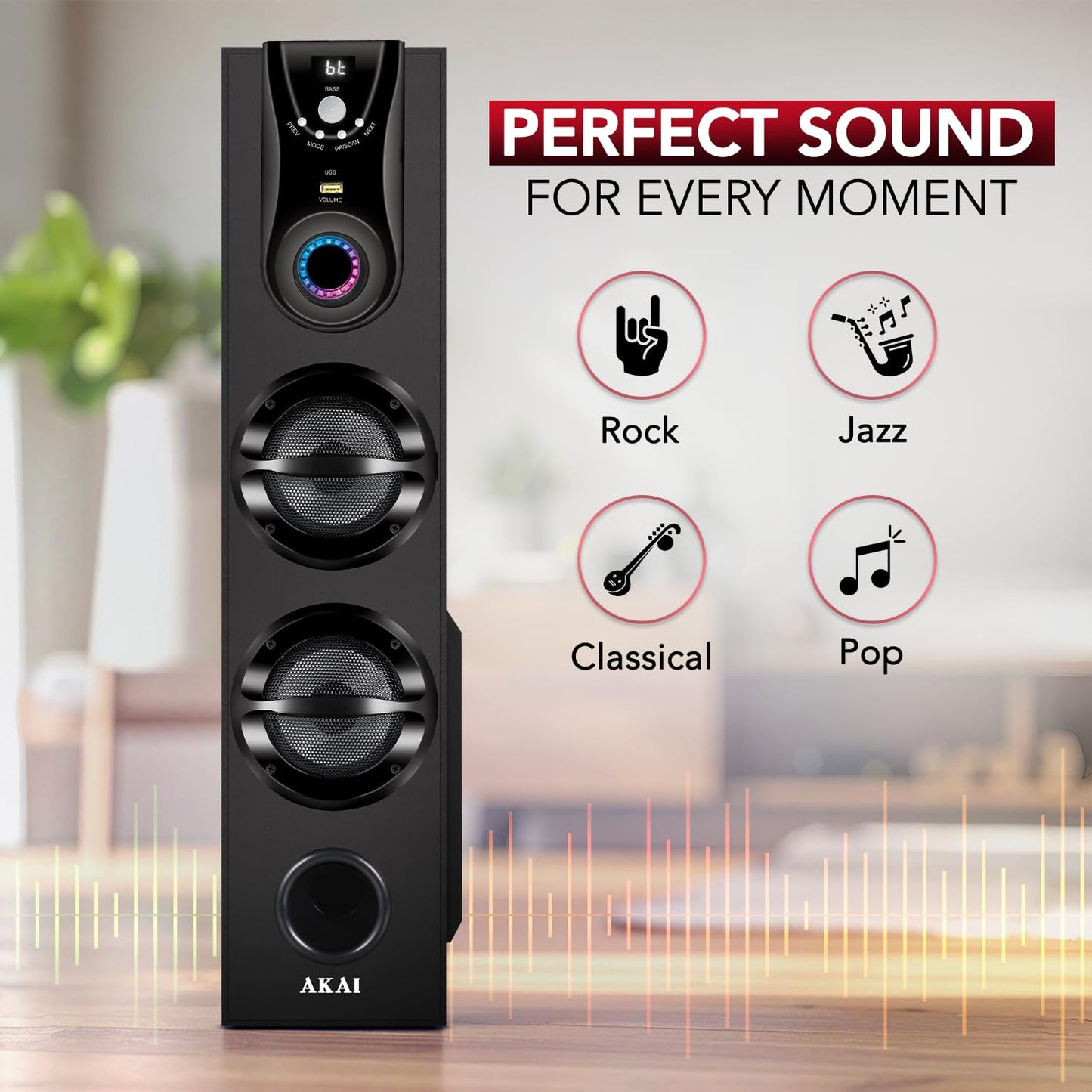 AKAI Tower Bluetooth Wireless Speaker 50W with Remote - 1 Year Warranty | Home Theater System 5.25" Woofer | Wired Mic, LED Display, Deep Bass, FM, AUX, USB | Supports TV, PC & Smartphone (HA-TS50)
