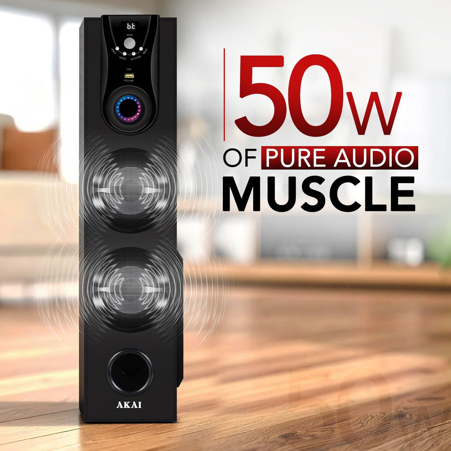 AKAI Tower Bluetooth Wireless Speaker 50W with Remote - 1 Year Warranty | Home Theater System 5.25" Woofer | Wired Mic, LED Display, Deep Bass, FM, AUX, USB | Supports TV, PC & Smartphone (HA-TS50)