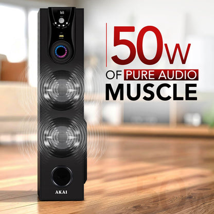 AKAI Tower Bluetooth Wireless Speaker 50W with Remote - 1 Year Warranty | Home Theater System 5.25" Woofer | Wired Mic, LED Display, Deep Bass, FM, AUX, USB | Supports TV, PC & Smartphone (HA-TS50)