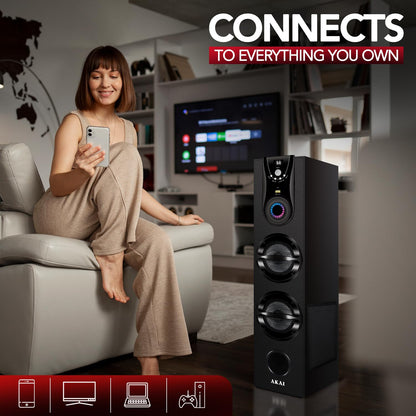 AKAI Tower Bluetooth Wireless Speaker 50W with Remote - 1 Year Warranty | Home Theater System 5.25" Woofer | Wired Mic, LED Display, Deep Bass, FM, AUX, USB | Supports TV, PC & Smartphone (HA-TS50)