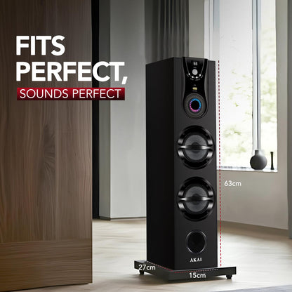 AKAI Tower Bluetooth Wireless Speaker 50W with Remote - 1 Year Warranty | Home Theater System 5.25" Woofer | Wired Mic, LED Display, Deep Bass, FM, AUX, USB | Supports TV, PC & Smartphone (HA-TS50)